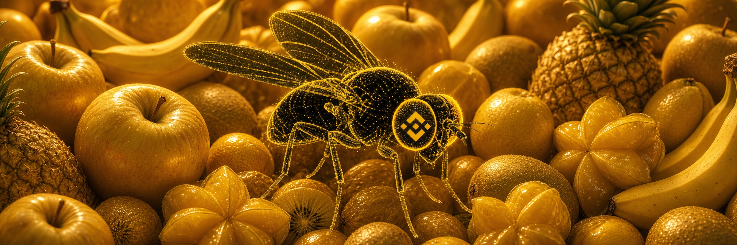 Golden fruit orchard banner with Binance Fruit Flies
